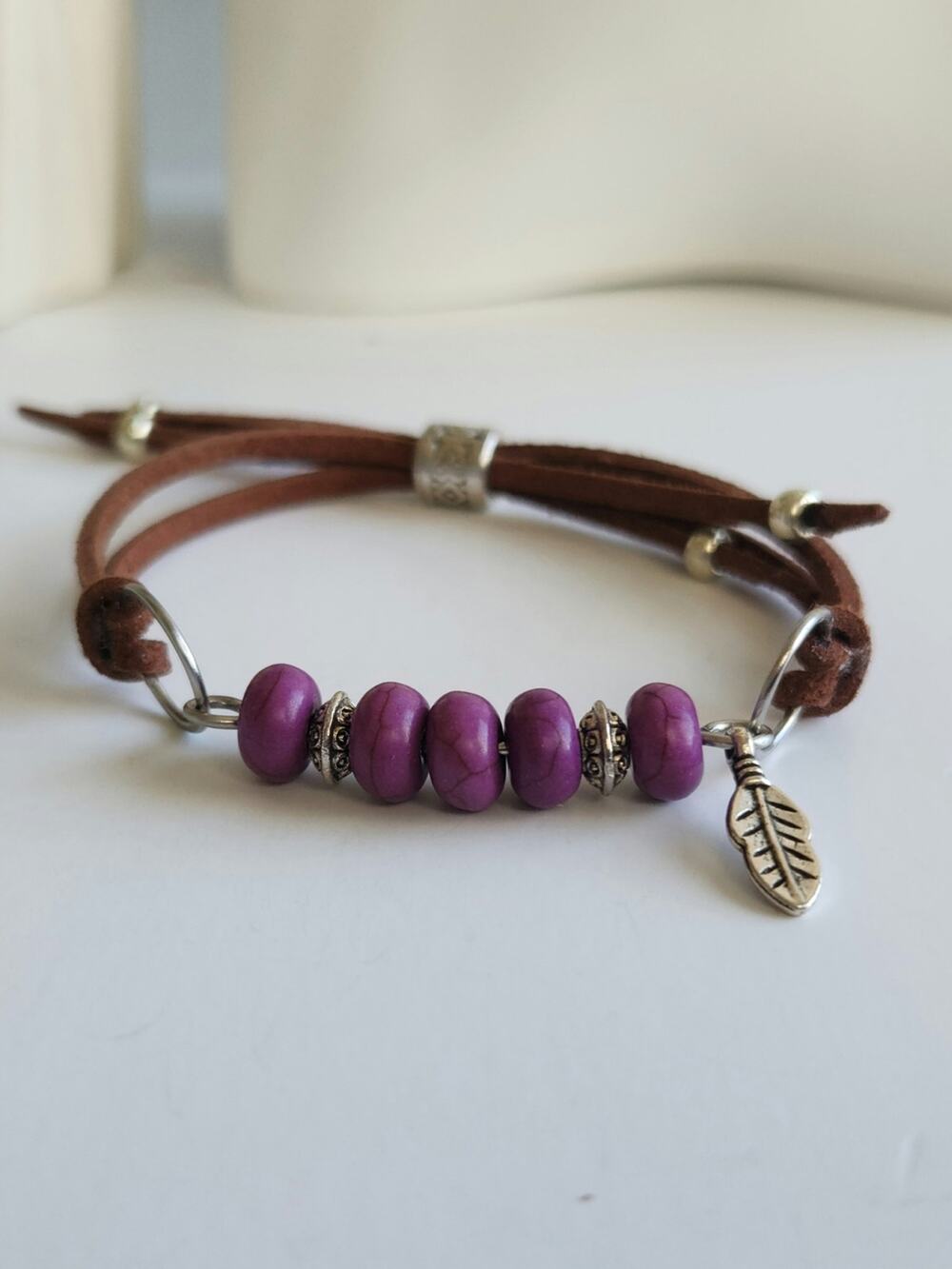 Purple Jade Bead Bracelet with Silver Leaf Charm